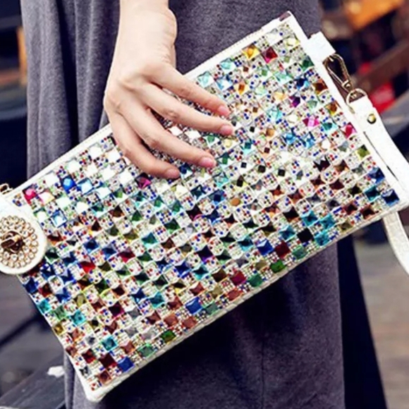 Colorful Jewel Studded Oversized Multi Funtional Clutch -White - Picture 12 of 16